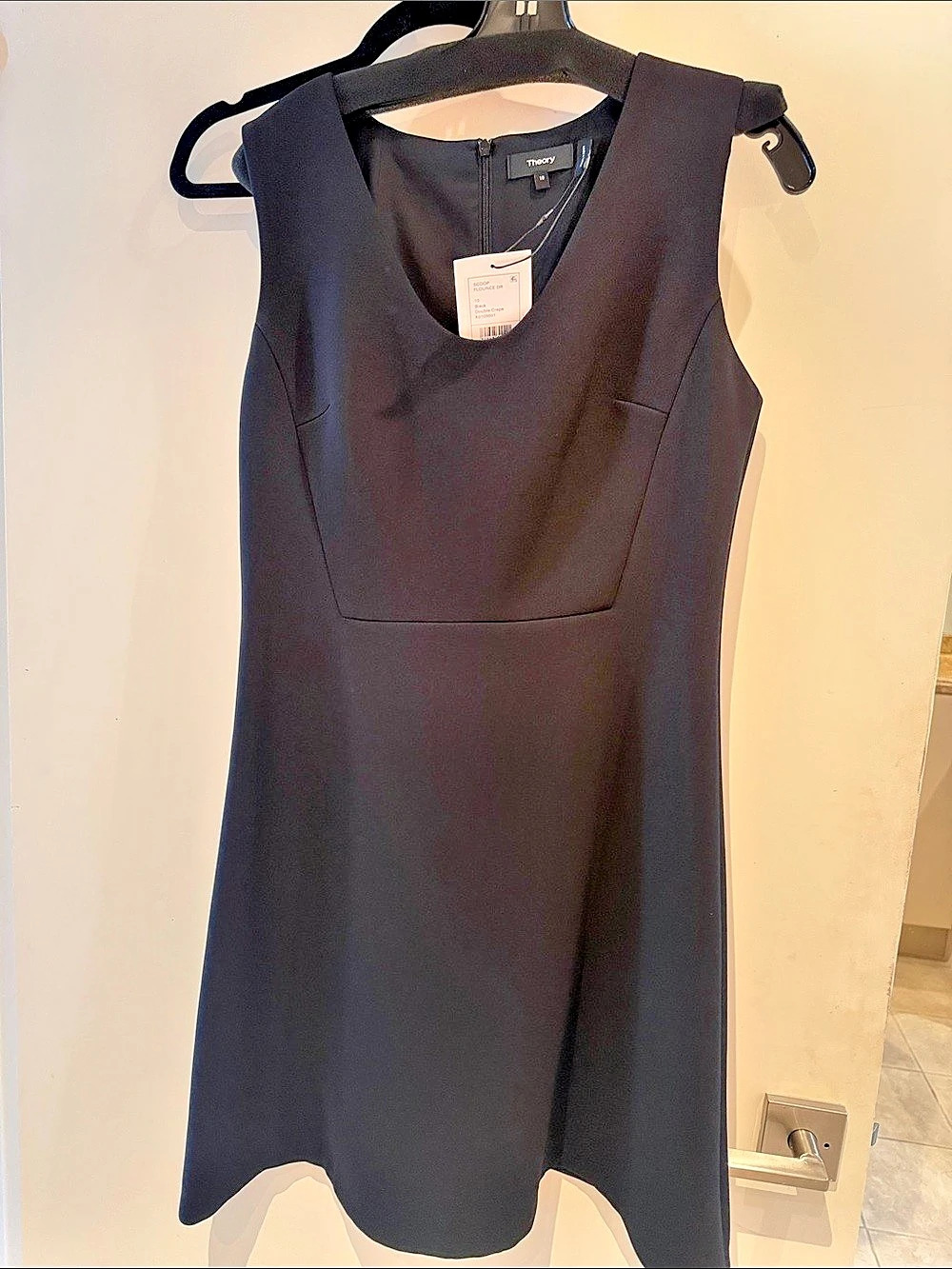 Theory Scoop Flounce DR Double Crepe Black Mini Dress Size 10 NWT